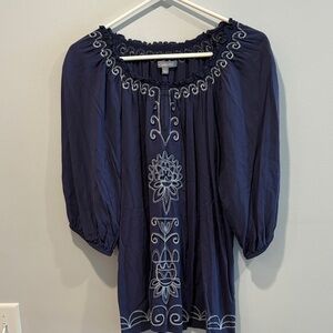 NY Collection Navy Blouse with Embroidery